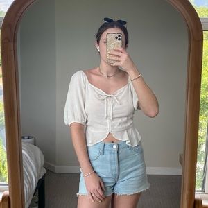 Linen Blend Cream Peasant Blouse